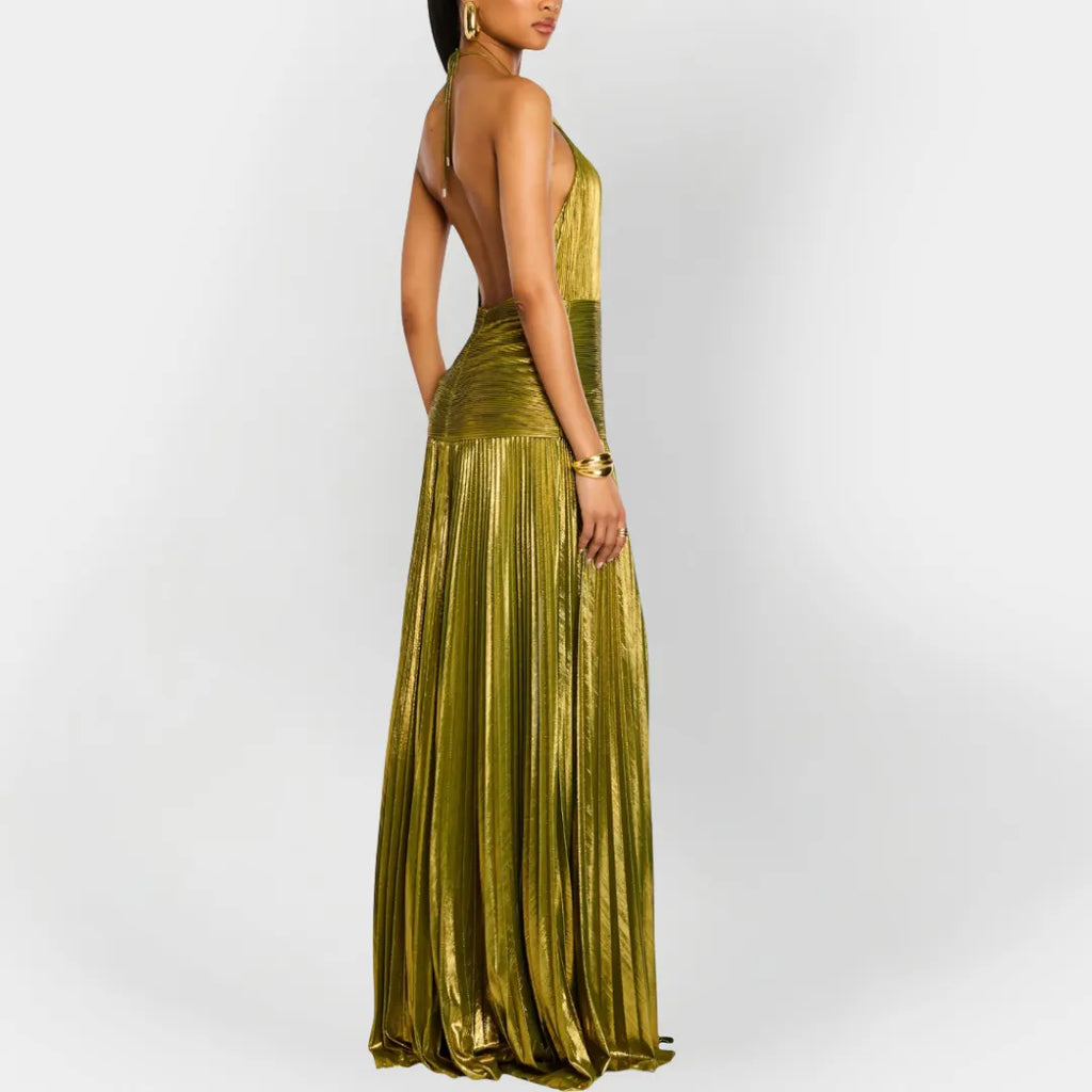 Long Metallic Dress with Neck Tie and Split