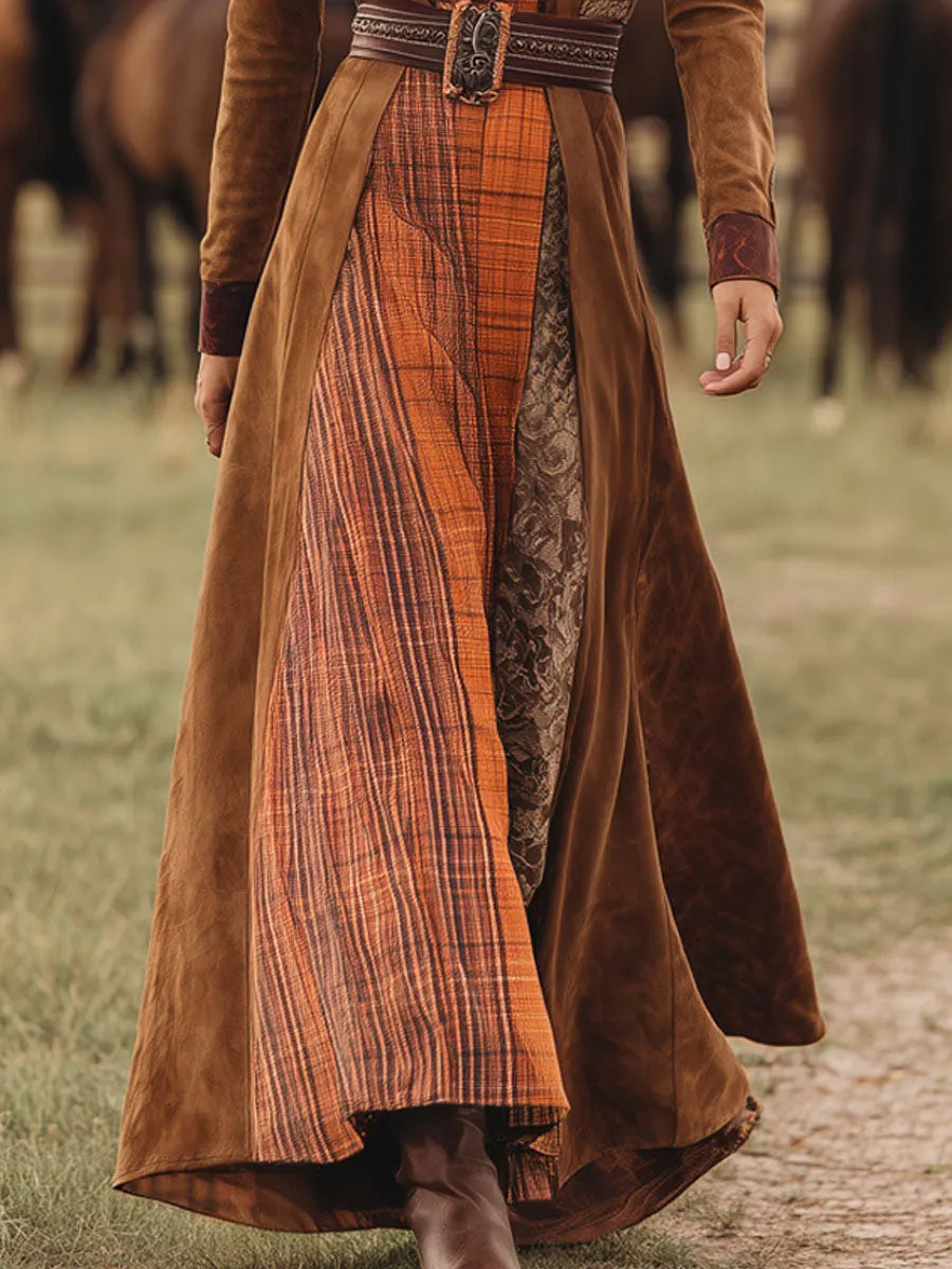 Western Retro Lace-Up Plaid Patchwork Caramel Faux Suede Maxi Dress