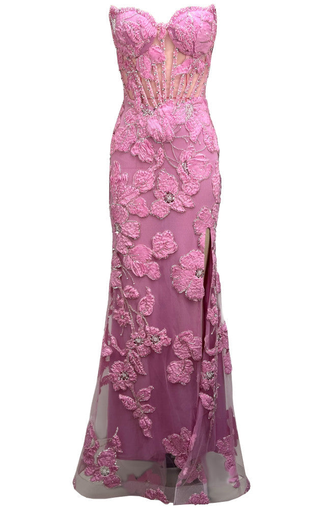 Strapless Embellished Floral Corset Maxi Dress Pink