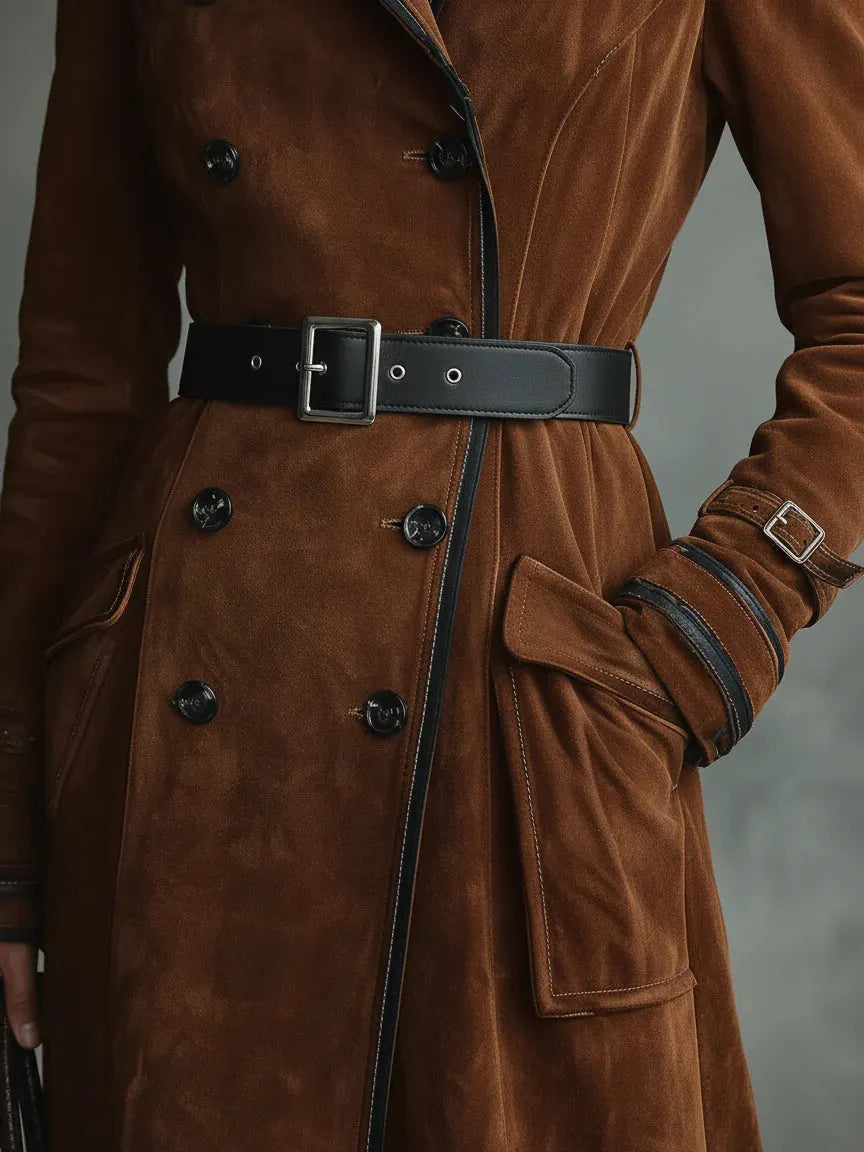 Double-breasted lapel long coat with suede and black trim