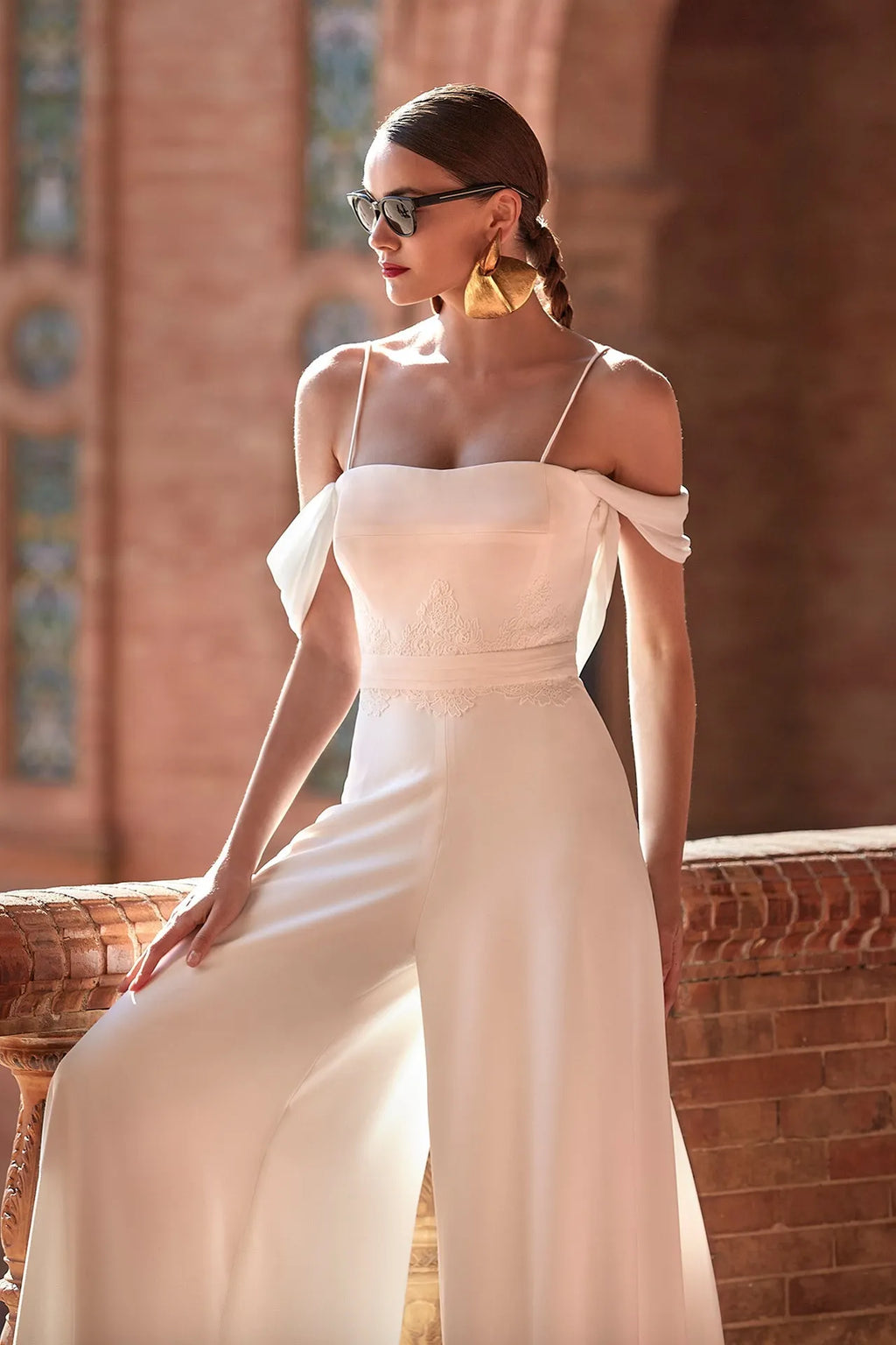 Crepe jumpsuit with lace band