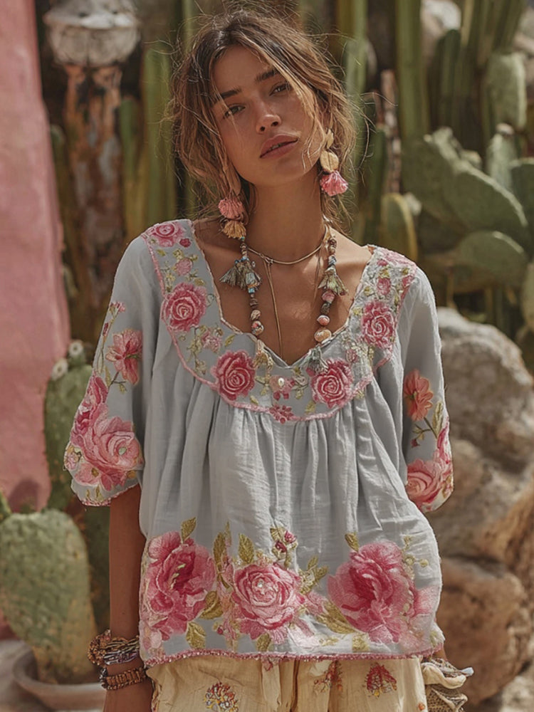 Women's Vintage Floral Art Embroidery Linen T-shirt