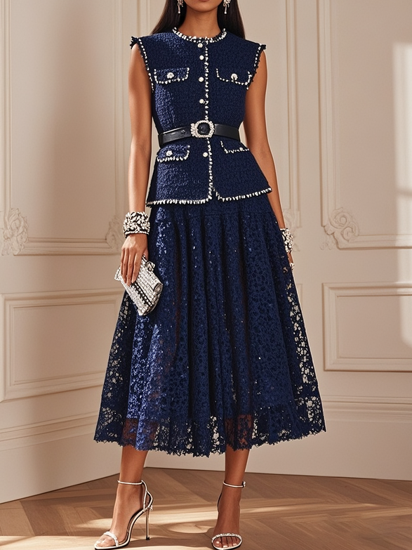 Women Tweed Purplish blue Piping Lace Crew Neck Sleeveless Dressy Coat With Skirt  Two-Piece Set