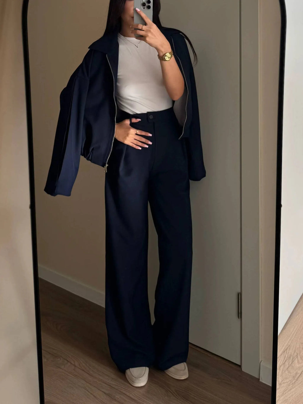 Zippered Jacket And Wide-leg Pants Two-piece Suit