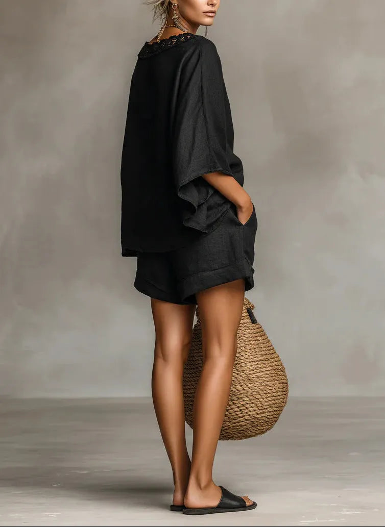 Minimalist Lace Boat Neck Blouse And Shorts Set