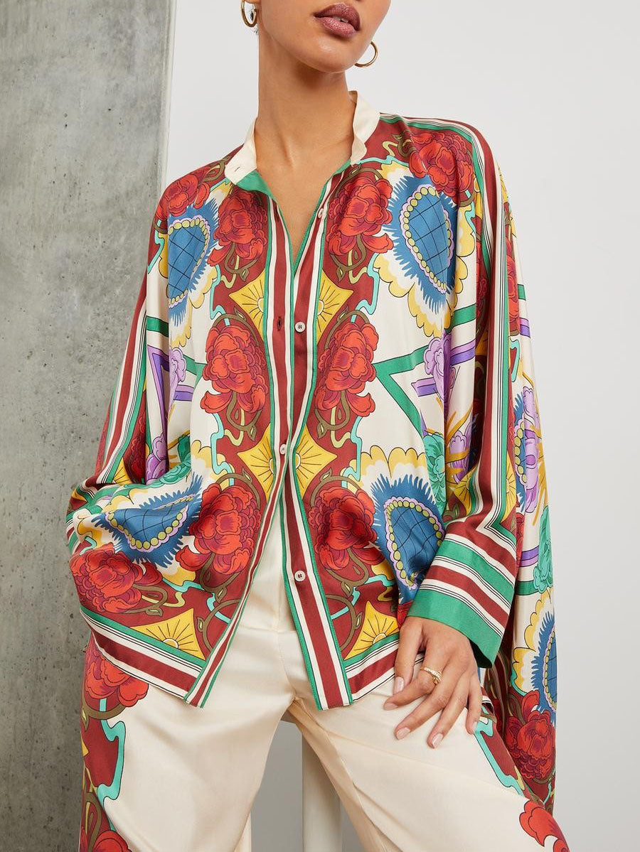 Exquisite Floral Print Single-breasted Ultra-loose Shirt