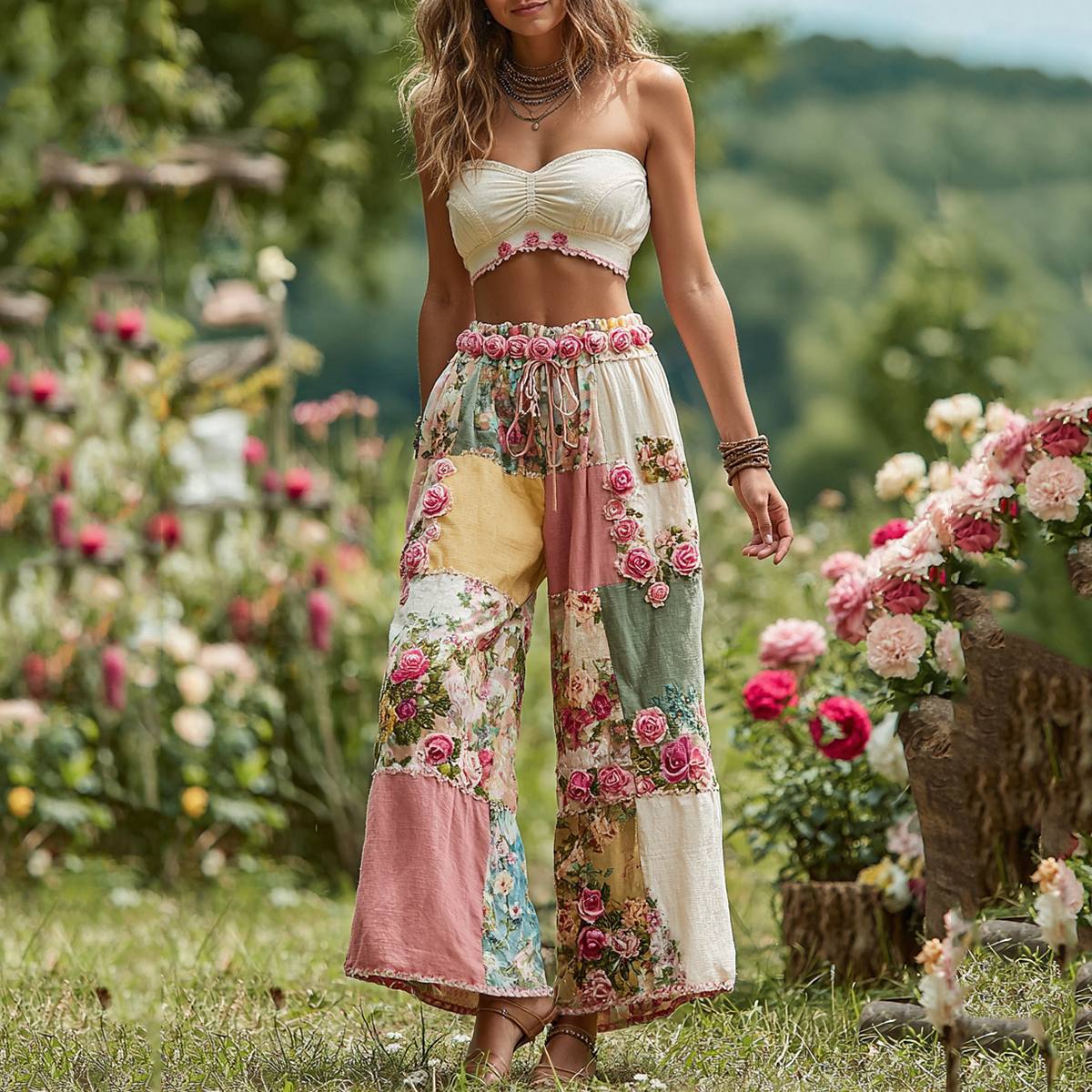 Women's Rose Floral Patchwork Waist Elastic Pocket Pants