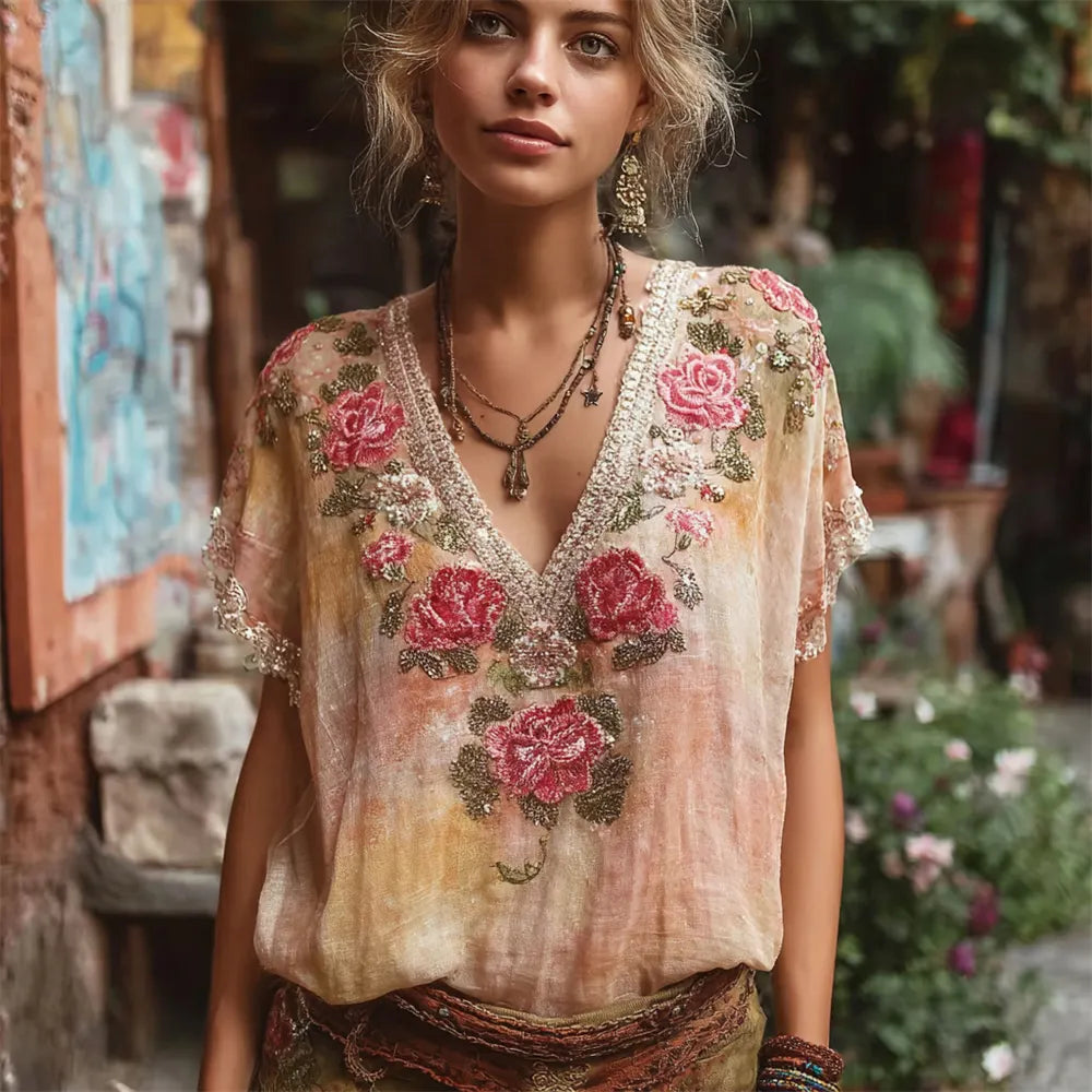 Boho Sunset Floral Embroidery Women's Linen V-neck Shirt