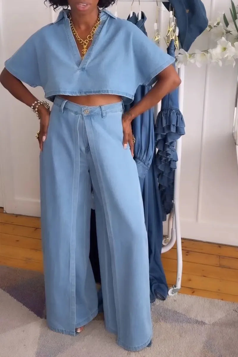 Women's Casual V-Neck Denim Top or Faux Two-piece Jeans