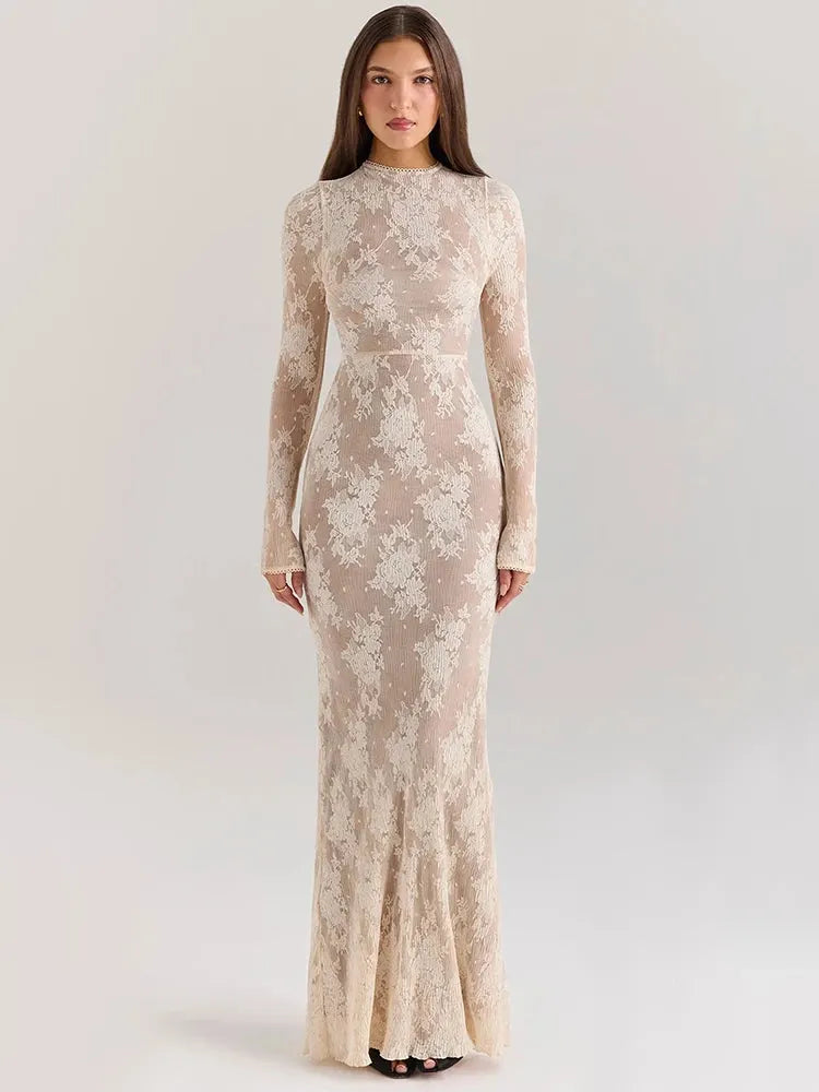 Aurelia Lace Mesh Long-Sleeve Maxi Dress – Sophisticated Evening & Occasionwear Dress