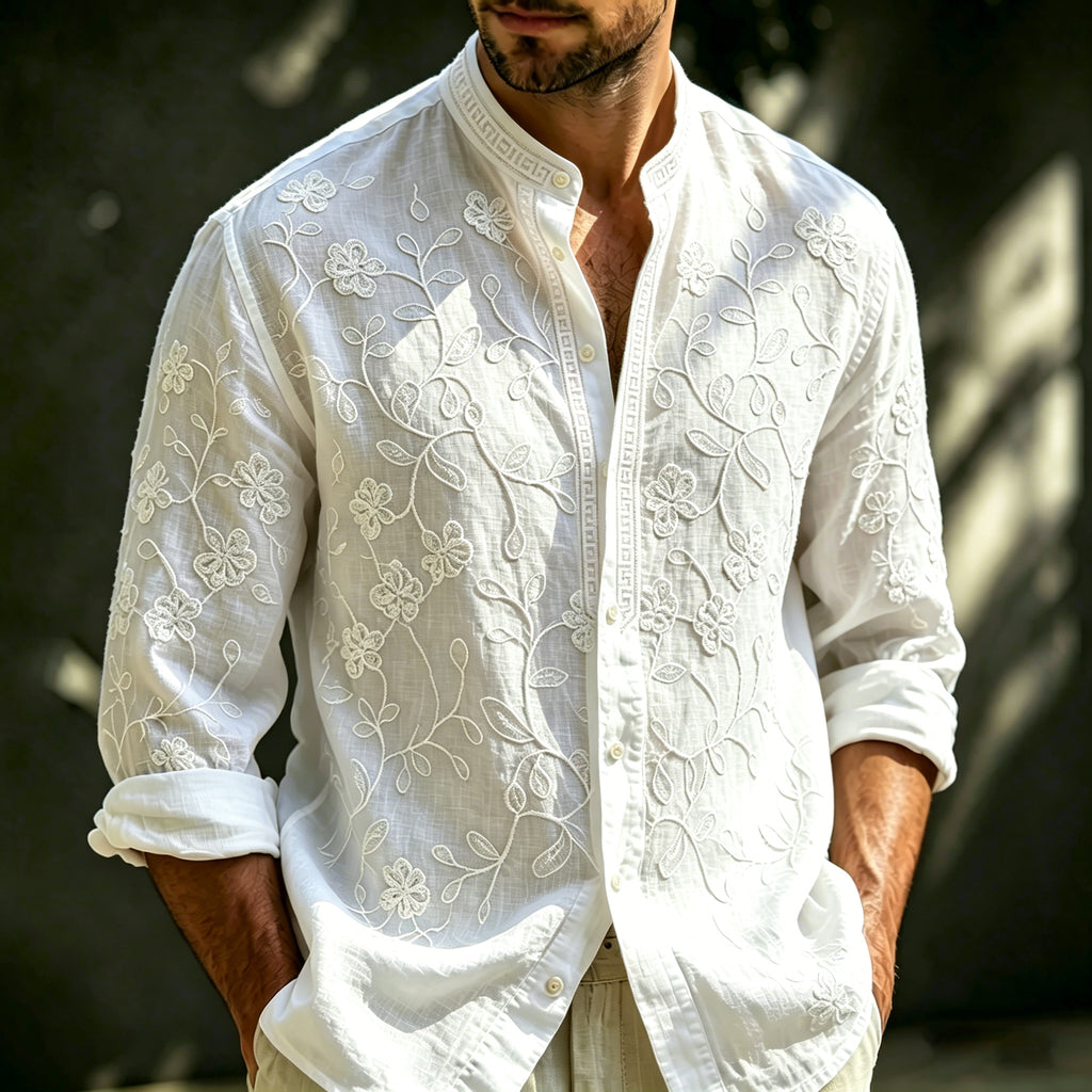 Men's Vintage Floral Art Linen Shirt