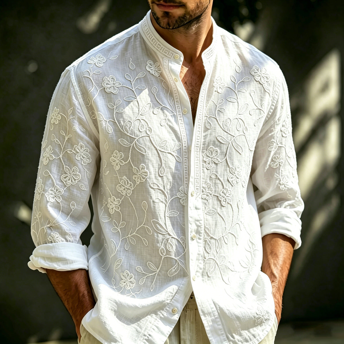 Men's Vintage Floral Art Linen Shirt