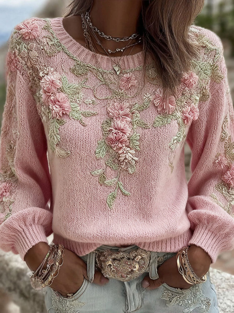 Women's Pink Floral Embroidery Art Cozy Knit Pullover Sweater