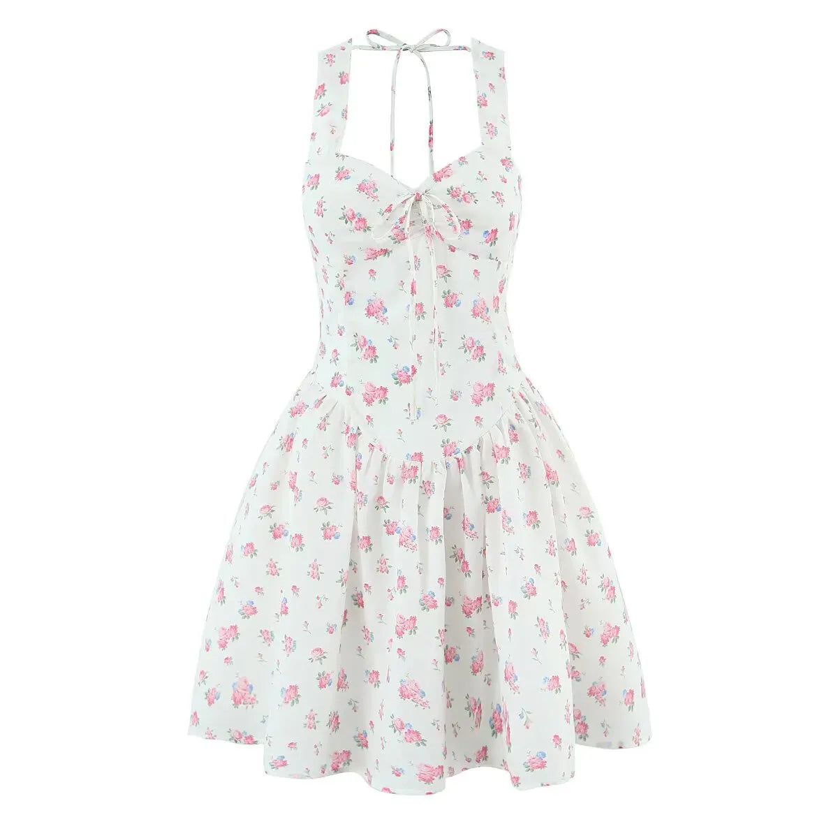 Lorina White Floral Corset Mini Dress – Sweetheart Babydoll Summer Sundress with Tie Straps