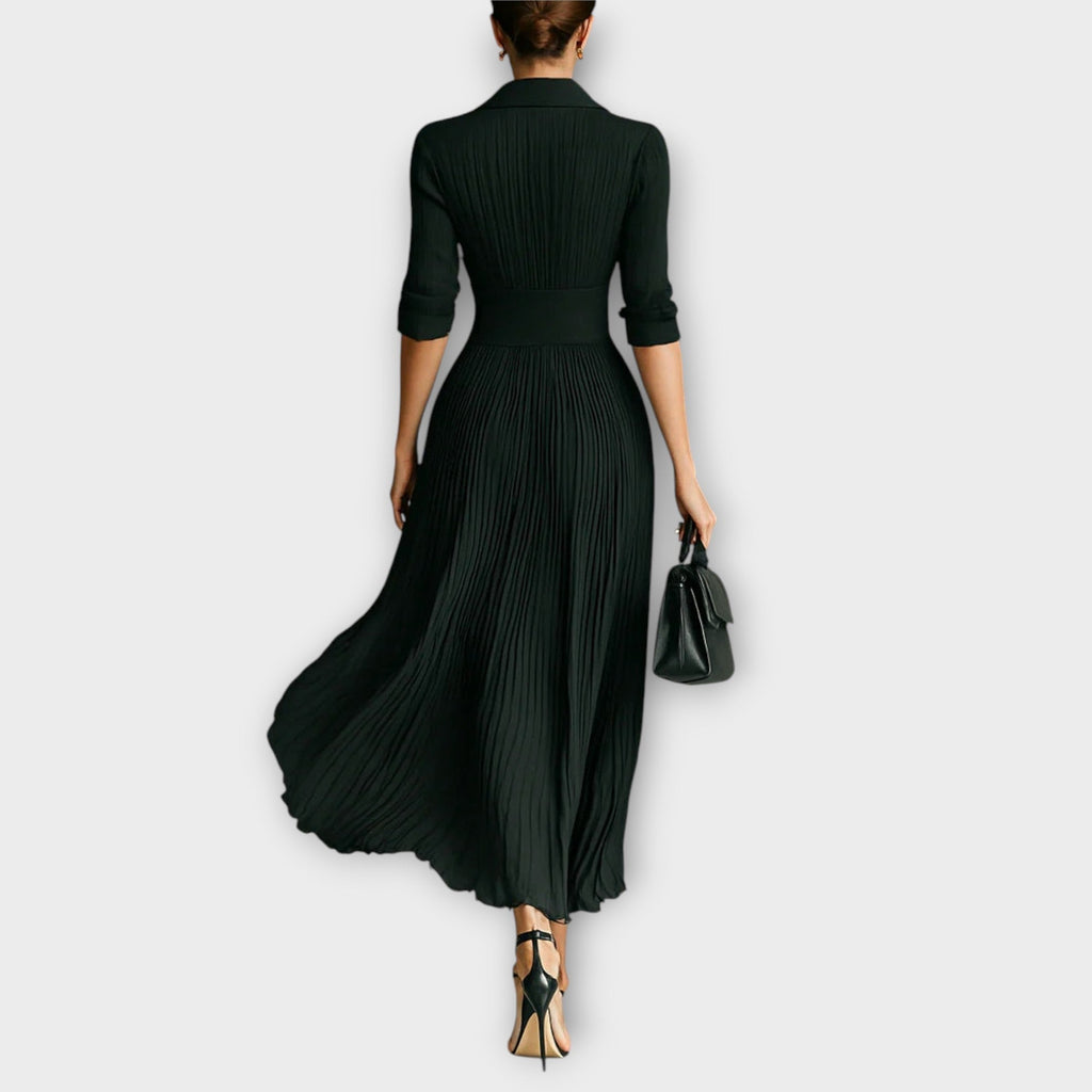 Elegant Pleated Lapel Waisted Long-sleeved Maxi Dress