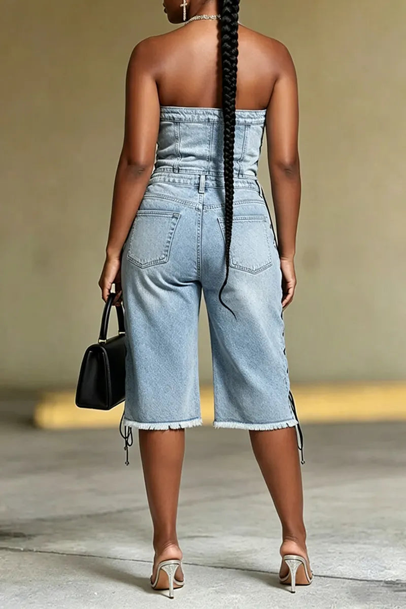 Women's Fashion Rhinestone-Beaded Tie Front Denim Bustier or Cropped Jeans