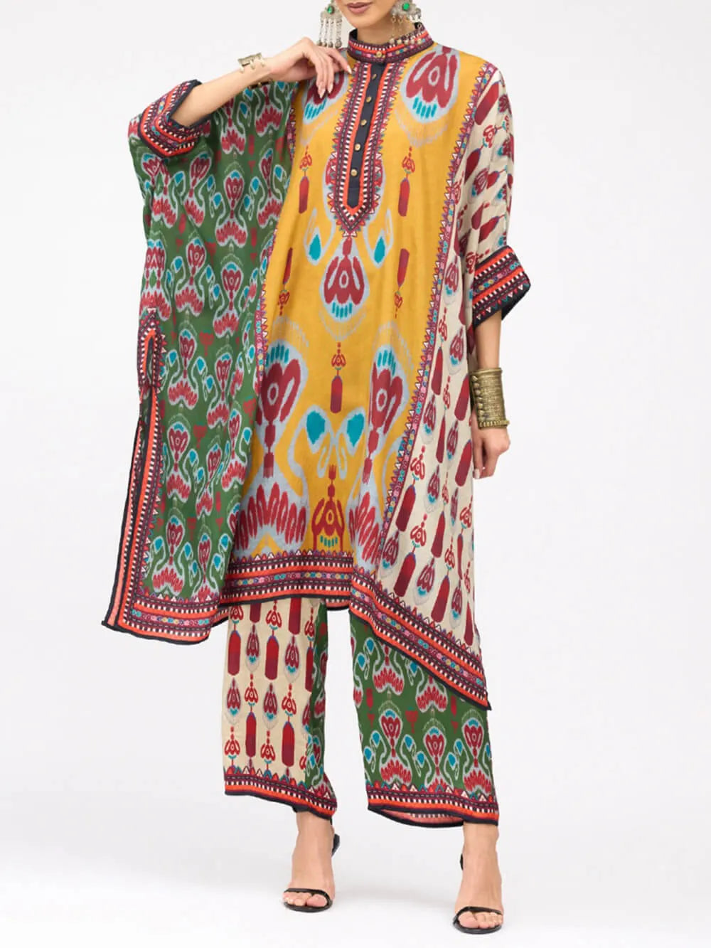 Retro Casual Patchwork Floral Print Loose Midi Shirt