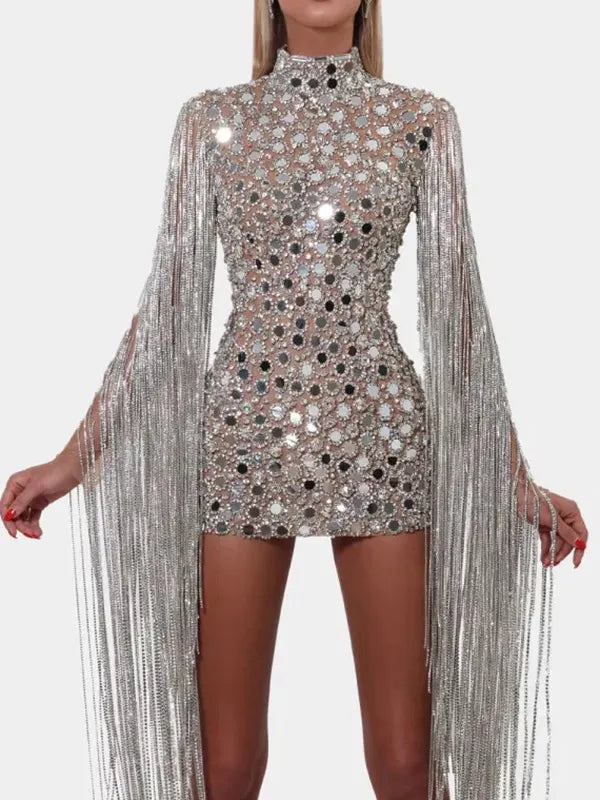 Sequined Tasseled High-Neck Evening Mini Dress