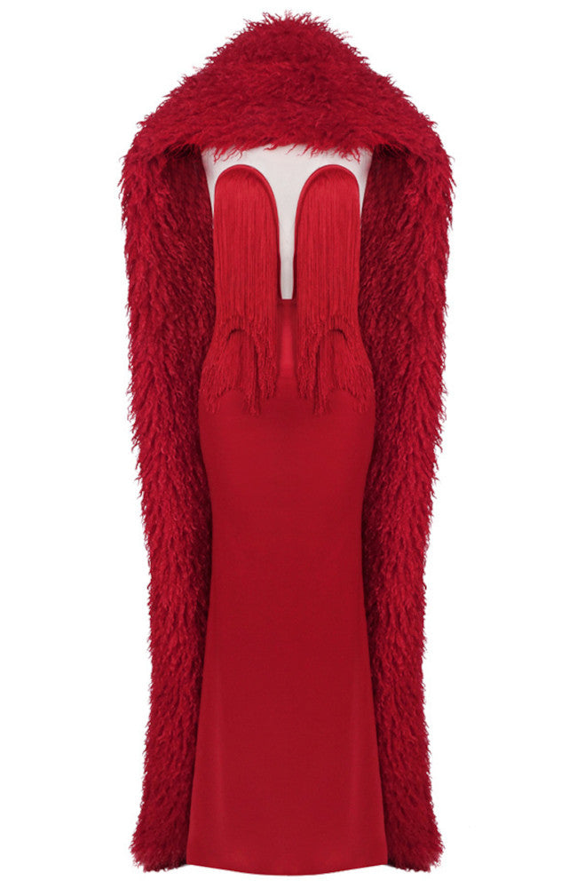 Mesh Insert Tassel Maxi Dress Red