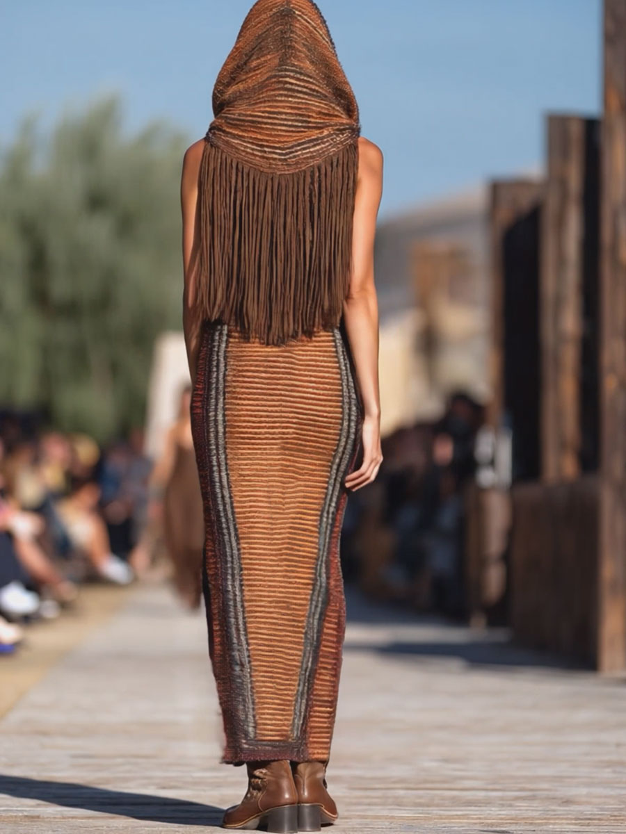 【24-hour shipping out】Western Retro Colorful Striped Knitted Tassel Hooded Slit Maxi Dress