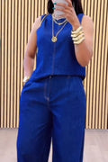 Women's Casual Crewneck Sleeveless Denim Vest or Wide Leg Jeans