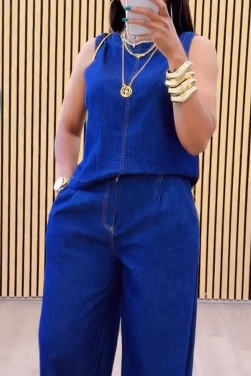 Women's Casual Crewneck Sleeveless Denim Vest or Wide Leg Jeans