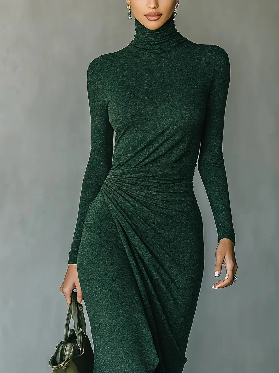 Dark Green Turtleneck Pleated Irregular Wrap Midi Dress