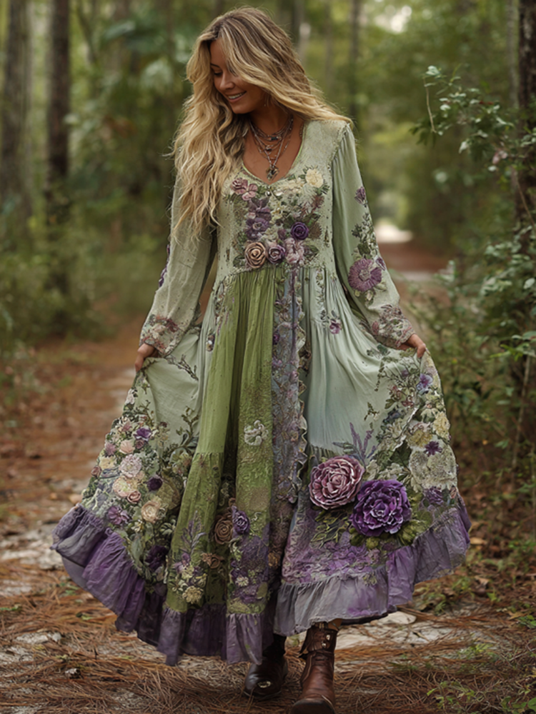 Vintage Classy Gradient Purple Lavender And Floral Embroidered Maxi Dress