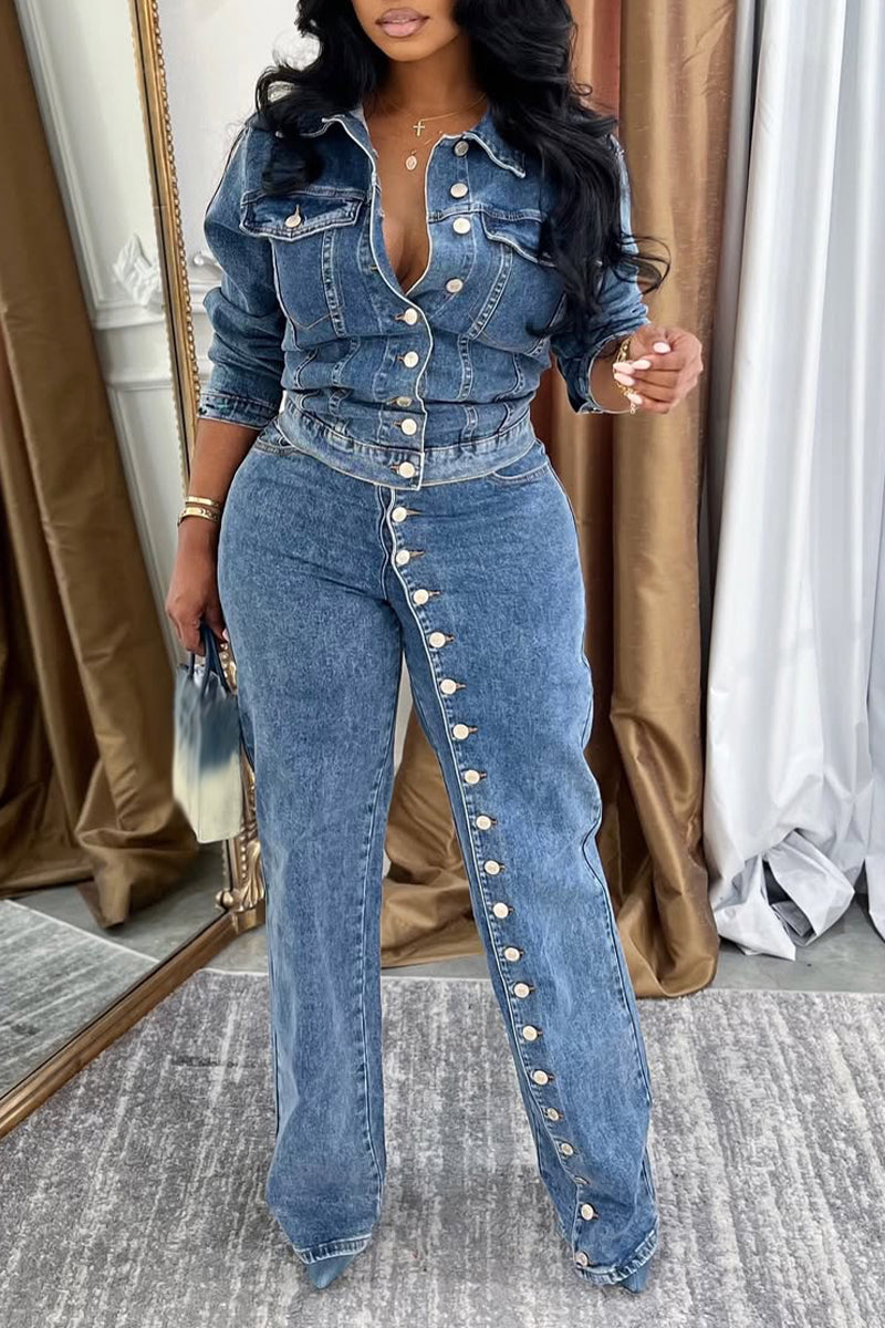 Women Collar and Buckle Splicing Casual Denim Suit