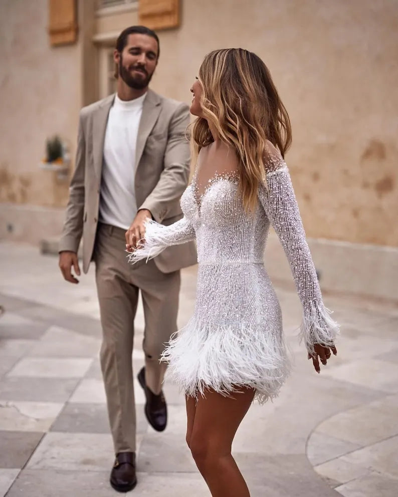 Beaded and sparkly feather mini dress. Custom short wedding dress, tailored to bride's measurements.