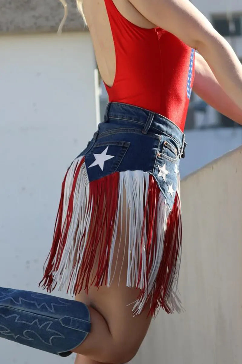Women's USA Flag Denim Shorts with Red White Blue Fringe Detail