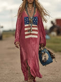 Vintage Casual Western Long Sleeve Flag Print Pink Cotton Loose Maxi Dress