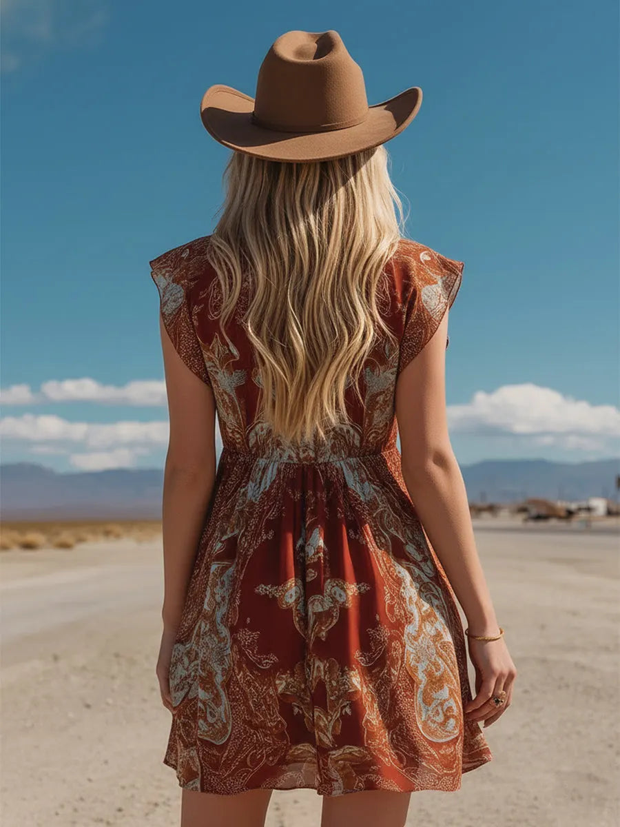 Retro Western Rust-Red Printed Chiffon Sleeveless Mini Dress