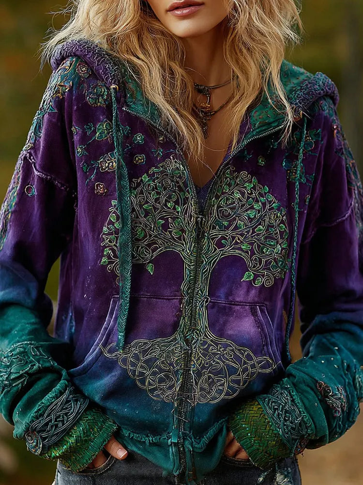 Women's Vintage Viking Tree Of Life Cozy Warm Zip Hoodie Cardigan