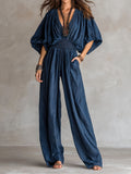 Bohemian Indigo Smocked Waist Jumpsuit
