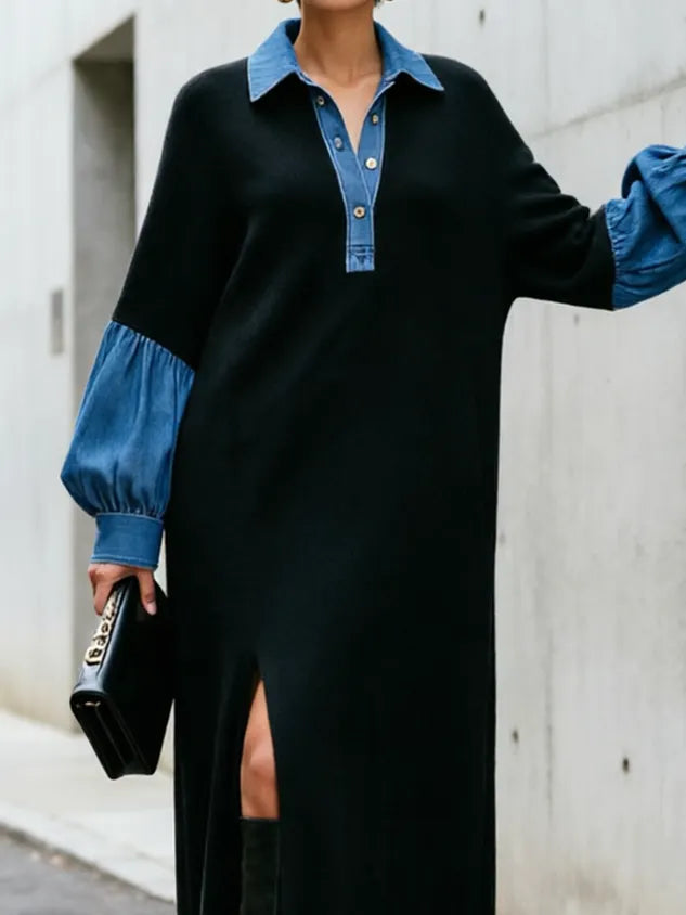 Casual Color Block Shirt Collar Maxi Dress