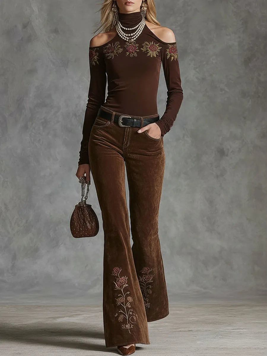 Western-style Floral Embroidered Pocket Flared Pants