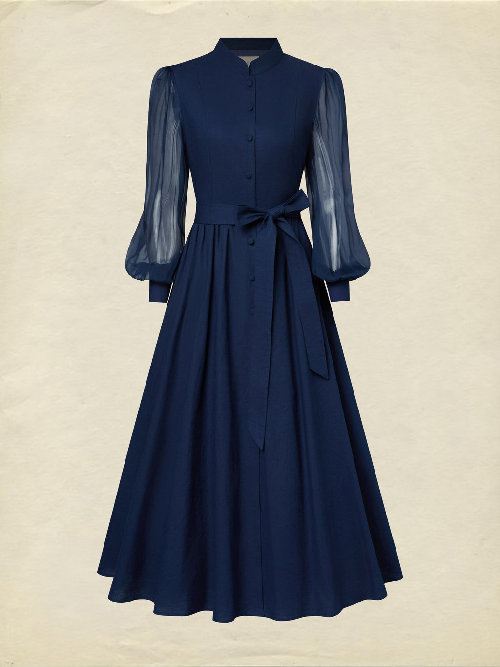 Maxi Cotton Dress, Long Sleeves, Stand Collar, Plain, Belt Design, French Vintage, Blue Purple