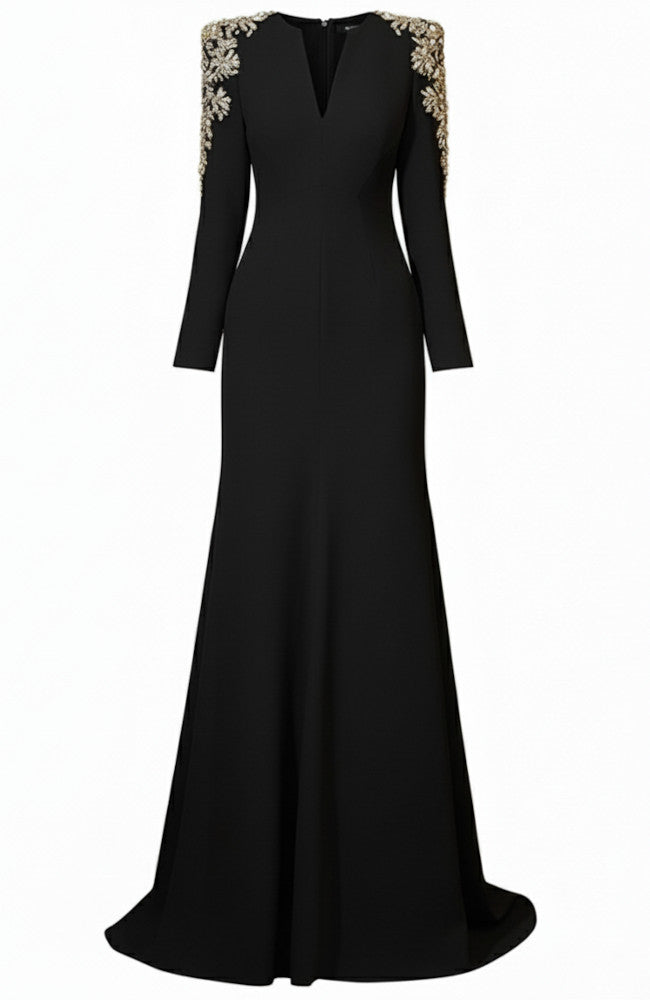Long Sleeve Embellished Shoulder Maxi Dress Black