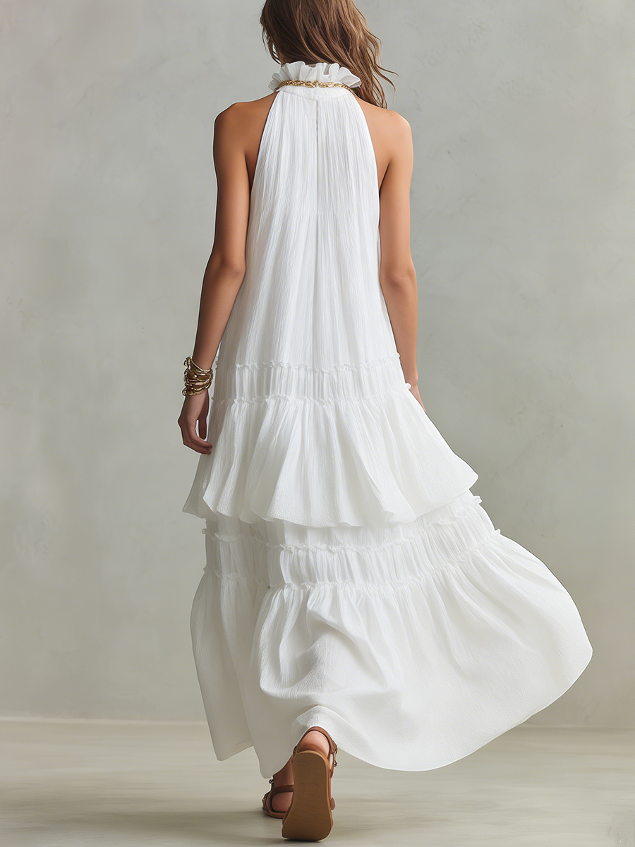 Airy High-Neck Tiered Bohemian Maxi Dress