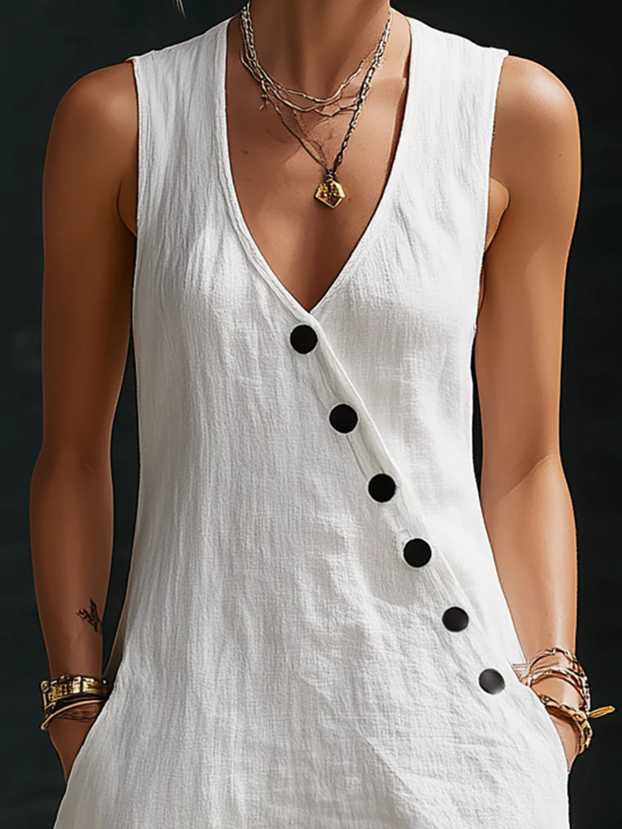loose sleeveless V-neck diagonal button white dress