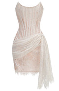 Strapless Corset Draped Lace Dress White