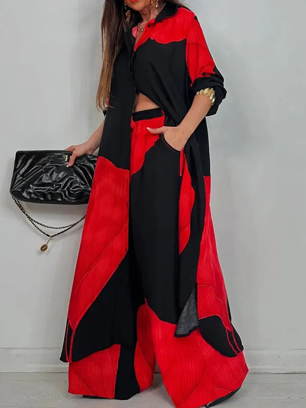 Long Sleeves Loose Floral Printed Split-Joint Split-Side Lapel Blouses&Shirts Tops