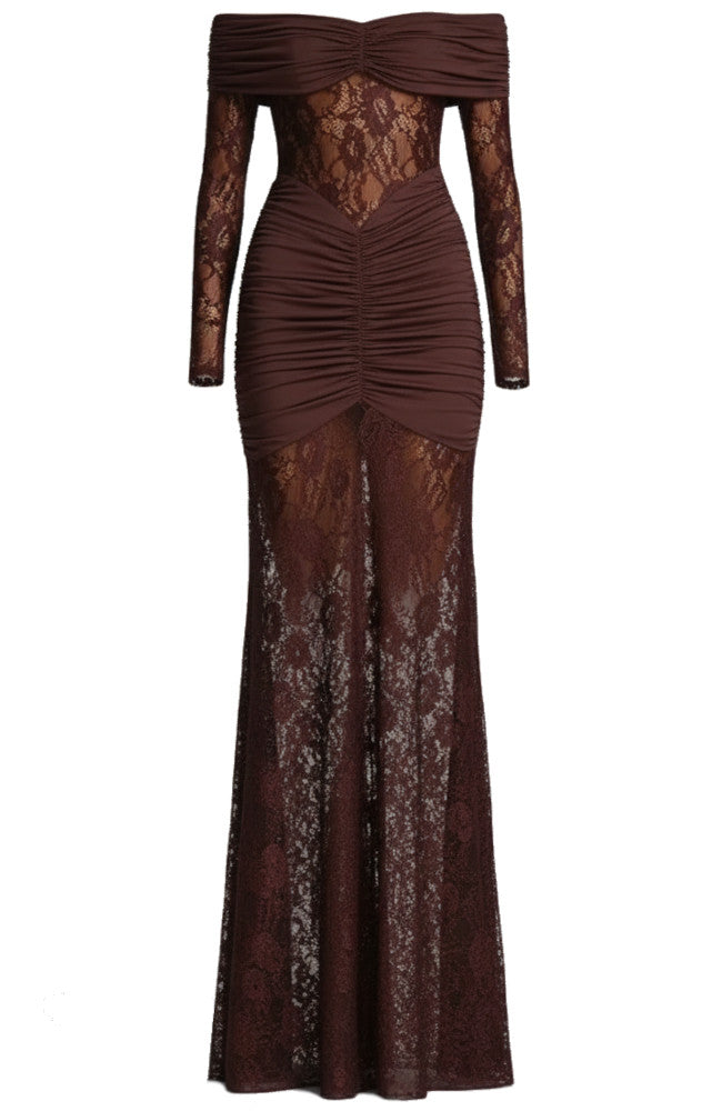 Long Sleeve Draped Bardot Lace Maxi Dress Brown
