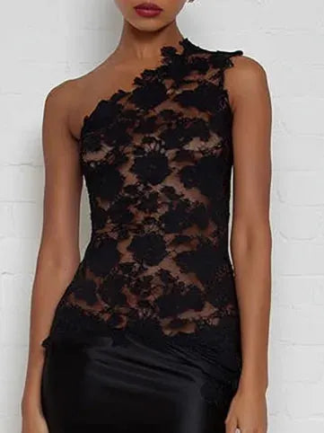 Black Lace One Shoulder Sleeveless Sheath Maxi Dress