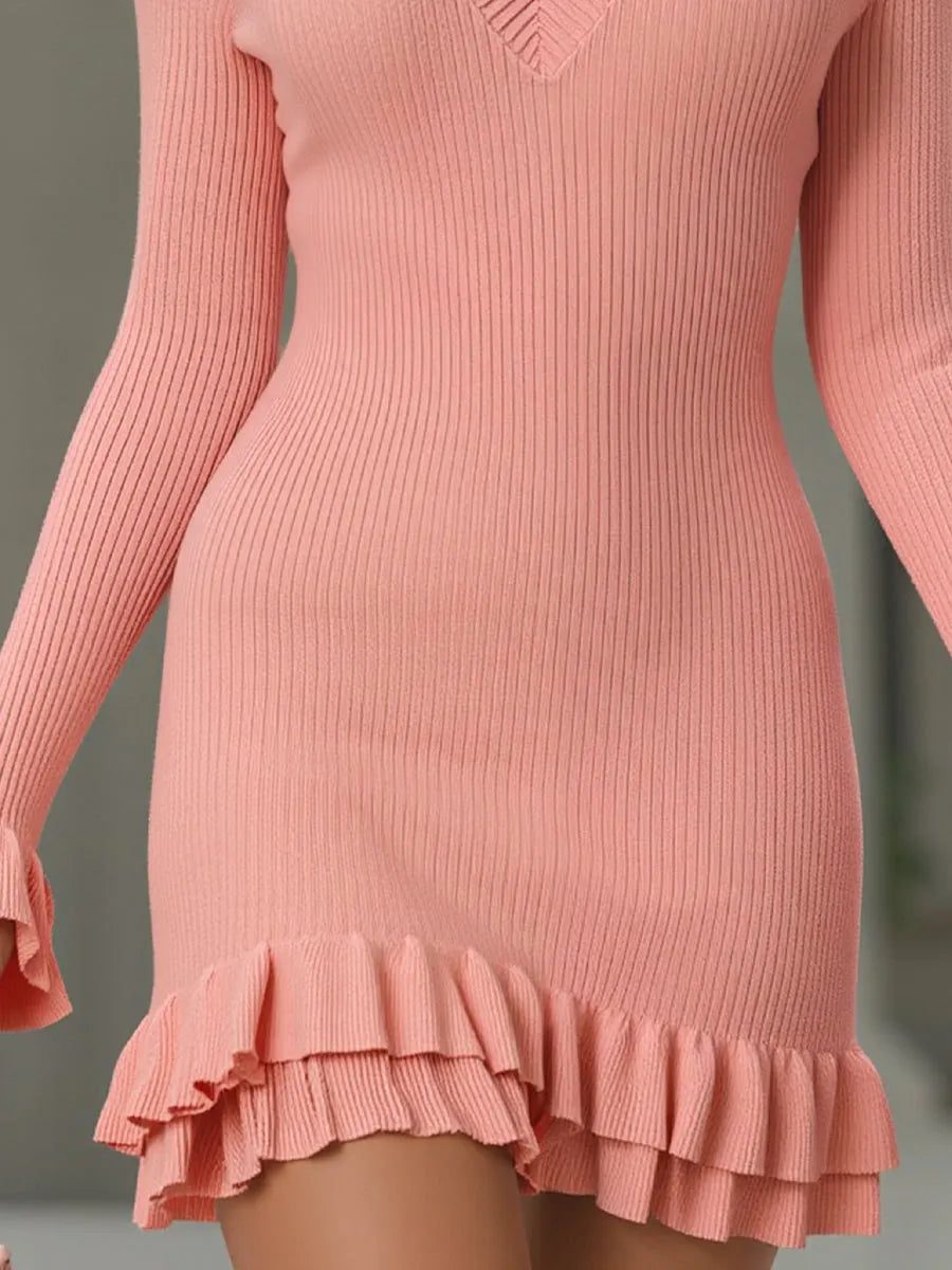 Sweetheart Ruffle Hem Ribbed Knit Mini Dress