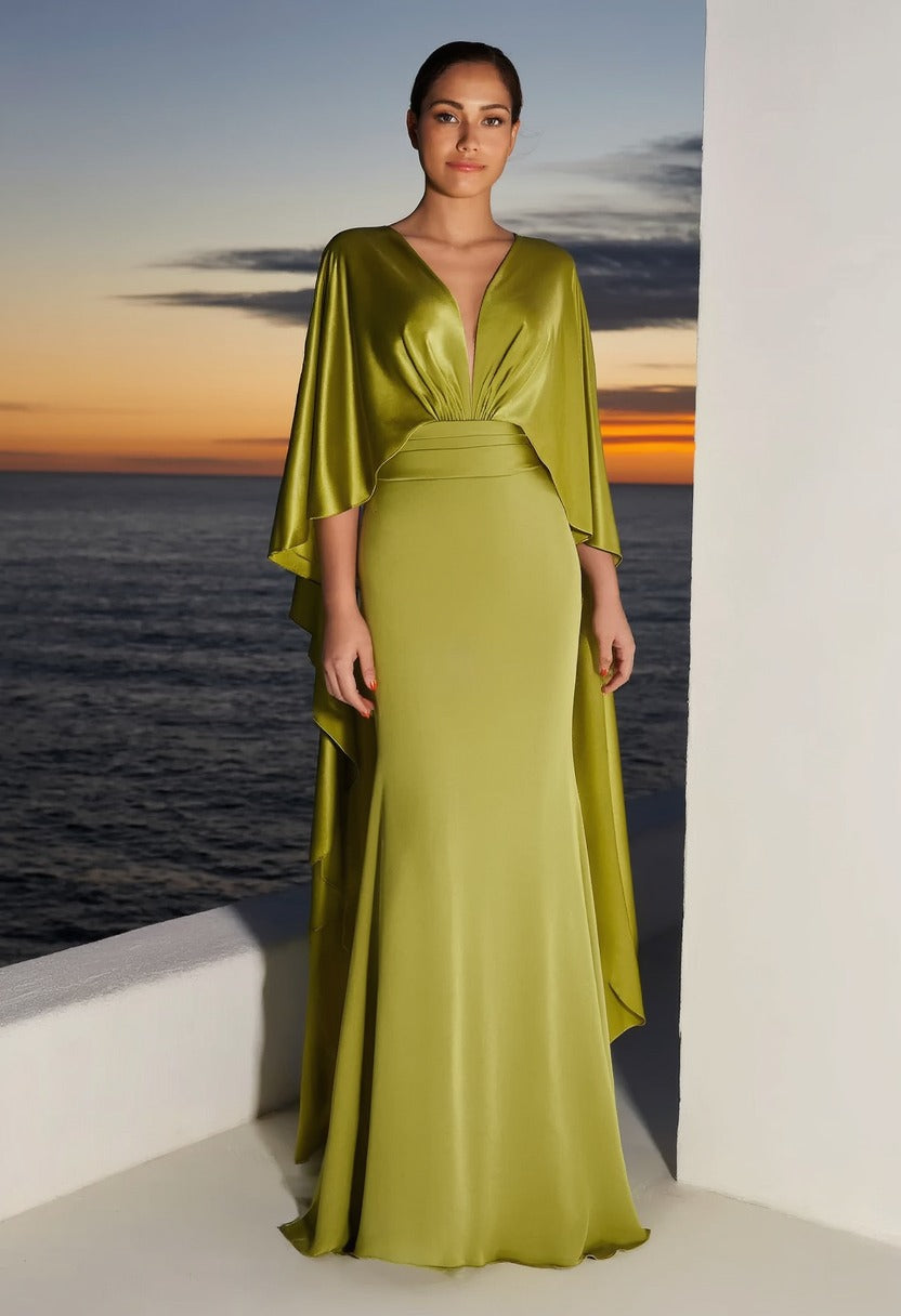 Formal Evening Dress Green V Neck Maxi Dress