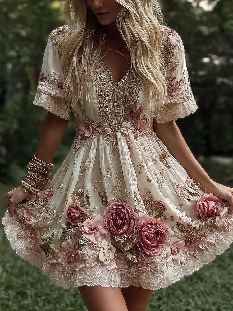 Women's Vintage Flowers Embroidery Art V-neck Short Sleeves Mini Dress