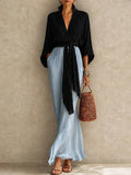 Black Blue Two‑Piece Outfit, Wrap Kimono Top & High Waist Wide Leg Pants Set