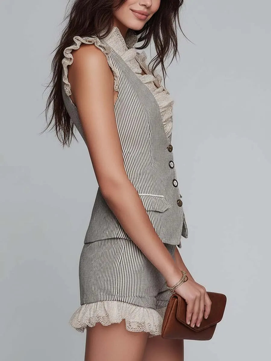 Pinstripe Tailored Vest & Shorts Set With Lace Trim